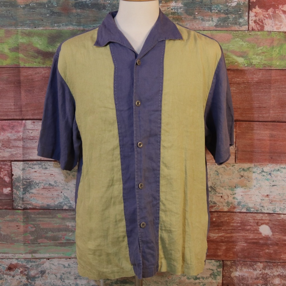 NAT NAST 100% Linen Blue Green S/S Shirt Size Med
